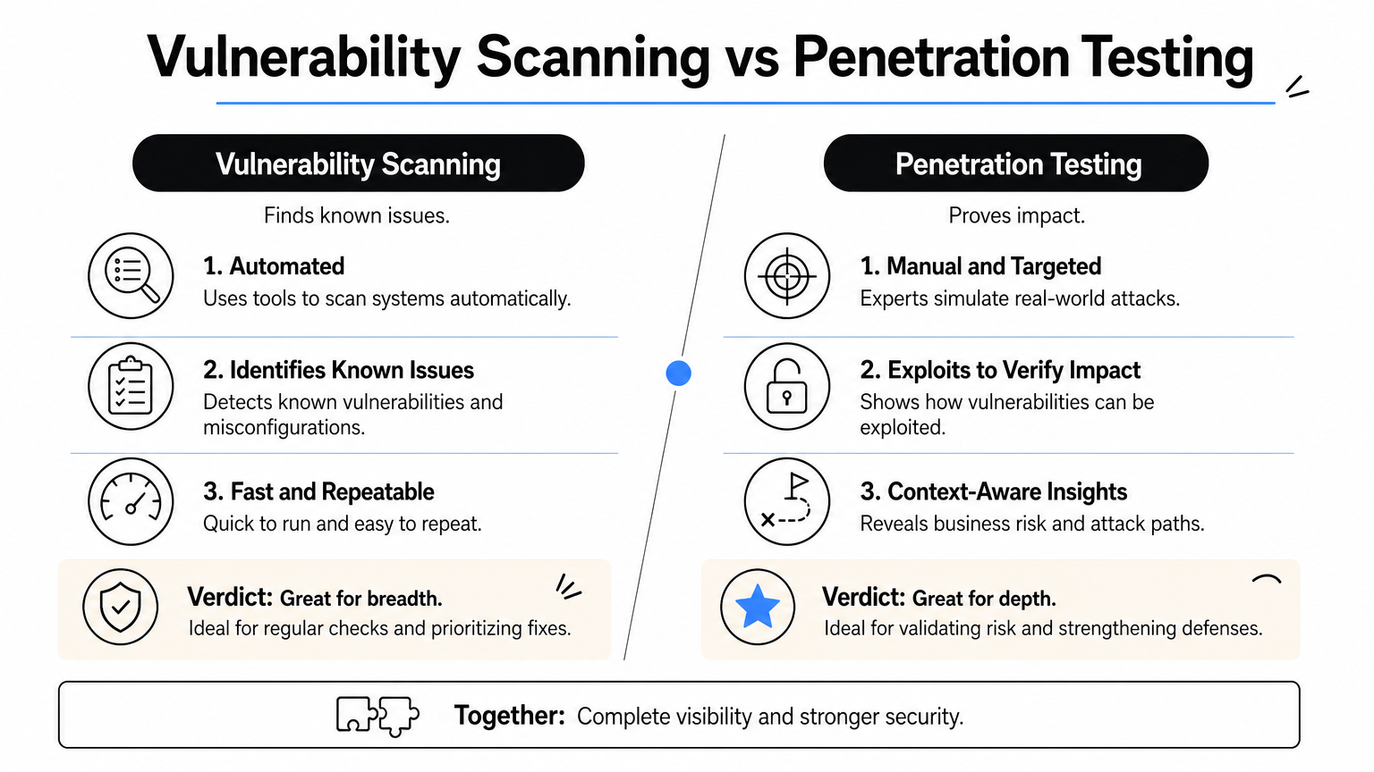 Comparison infographic contrasting vulnerability scanning with penetration testing across key factors.