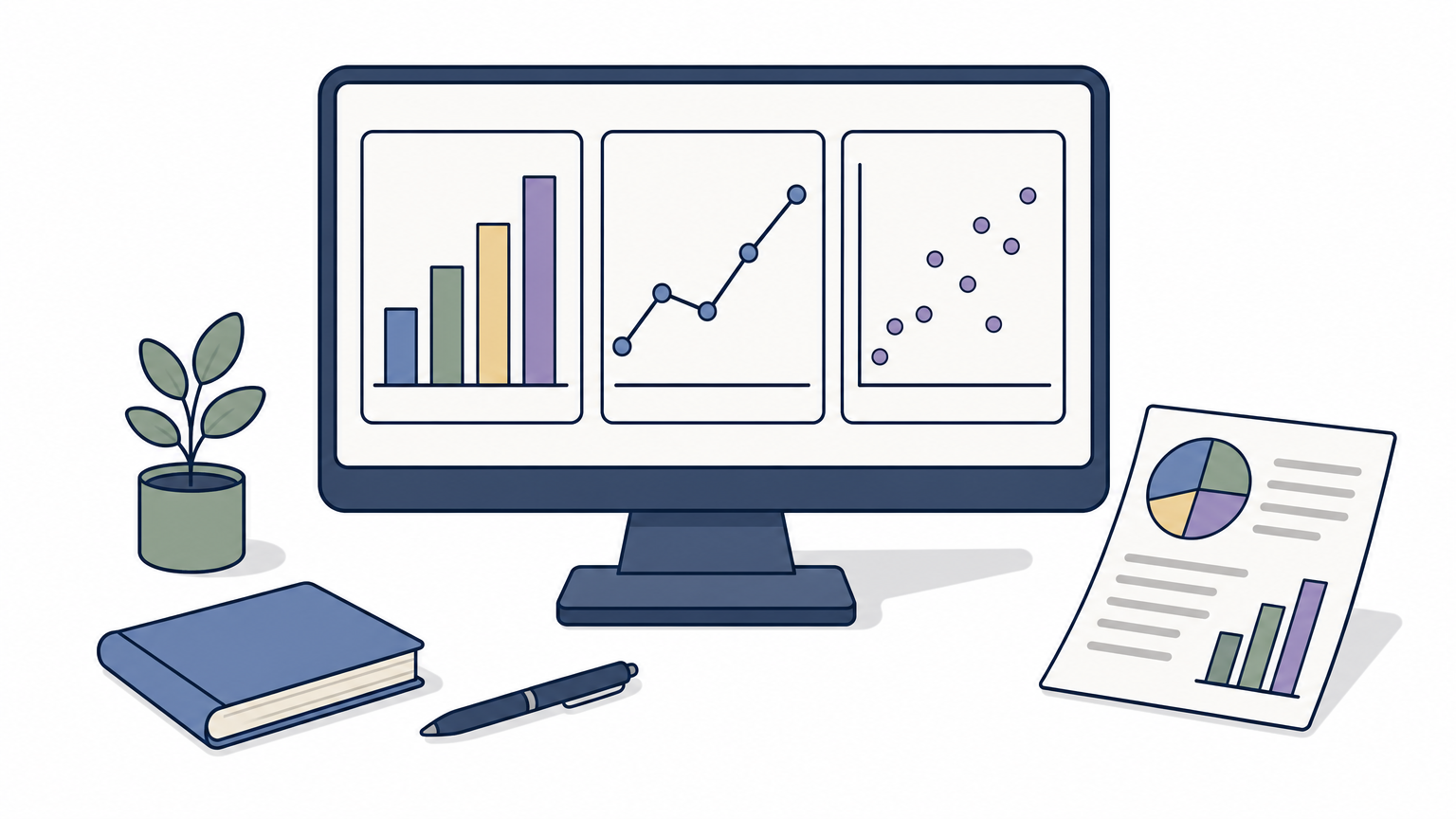 A monitor shows a bar chart, line chart, and scatter plot alongside a printed report.