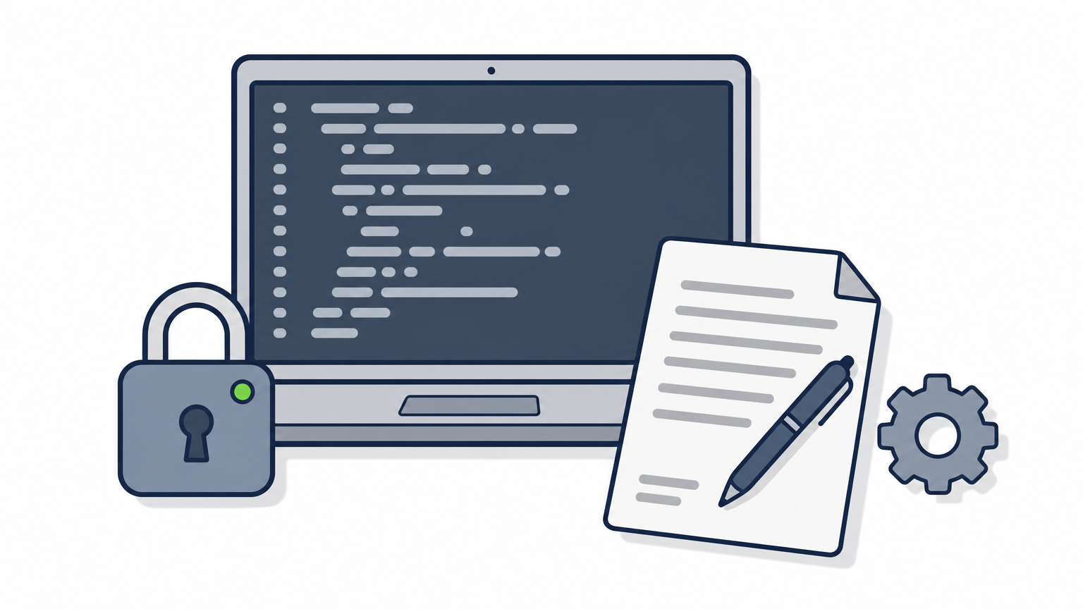 A computer screen with code, a padlock, and a signed contract representing freelance hiring risks.
