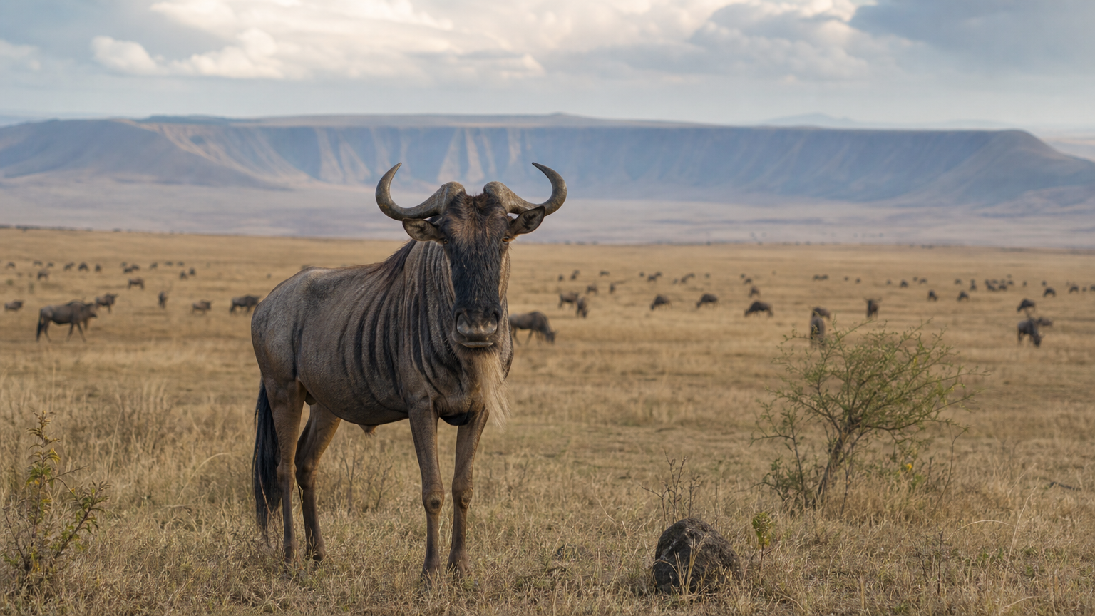 Safari Serengeti Ngorongoro Crater: Open Serengeti grassland with distant wildebeest herds near the rim of Ngorongoro Crater.