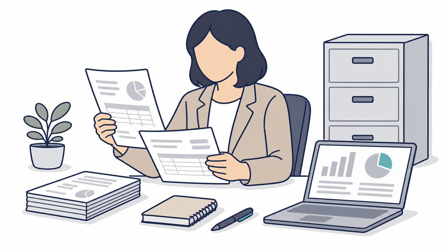 A consultant examines printed billing reports and a laptop while auditing a practice's claims.