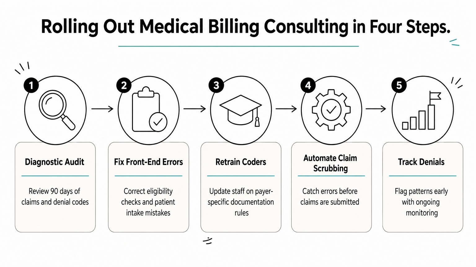 A four-step process diagram showing how medical billing consulting is rolled out from audit to denial tracking.