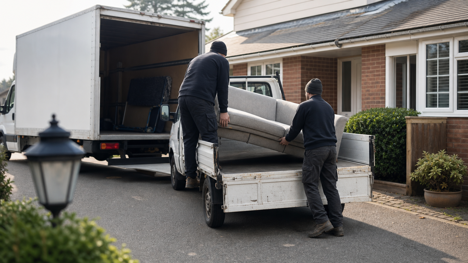 Cheapest Interstate Removalists: How to Find and Compare Them 2 A small tailgate truck and a large removal lorry parked side by side outside a house.