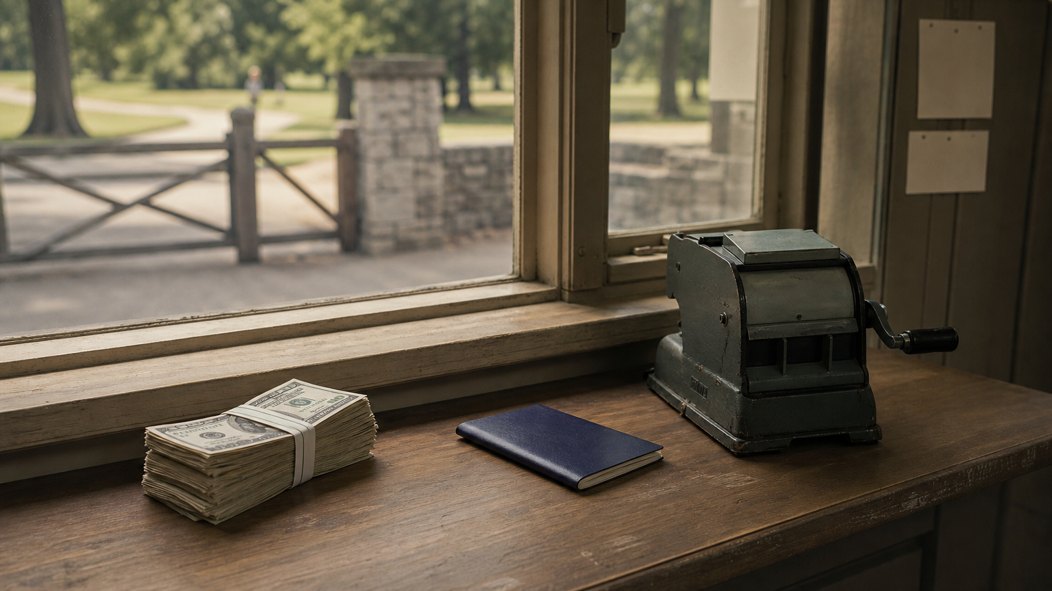 A park entrance booth showing cash, a passport, and a card machine on the counter.