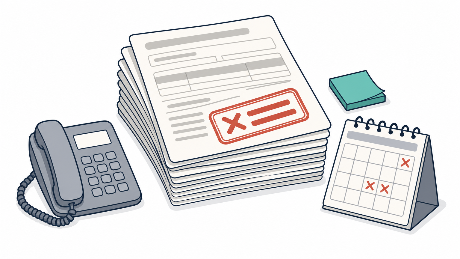 A pile of rejected claim forms sits beside a calendar showing overdue follow-up dates.