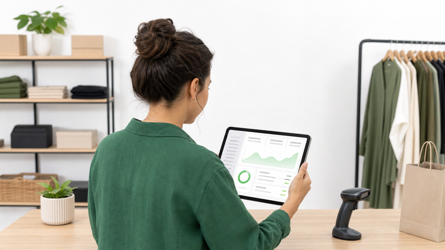 A retail worker uses a custom inventory app on a tablet near store shelves.