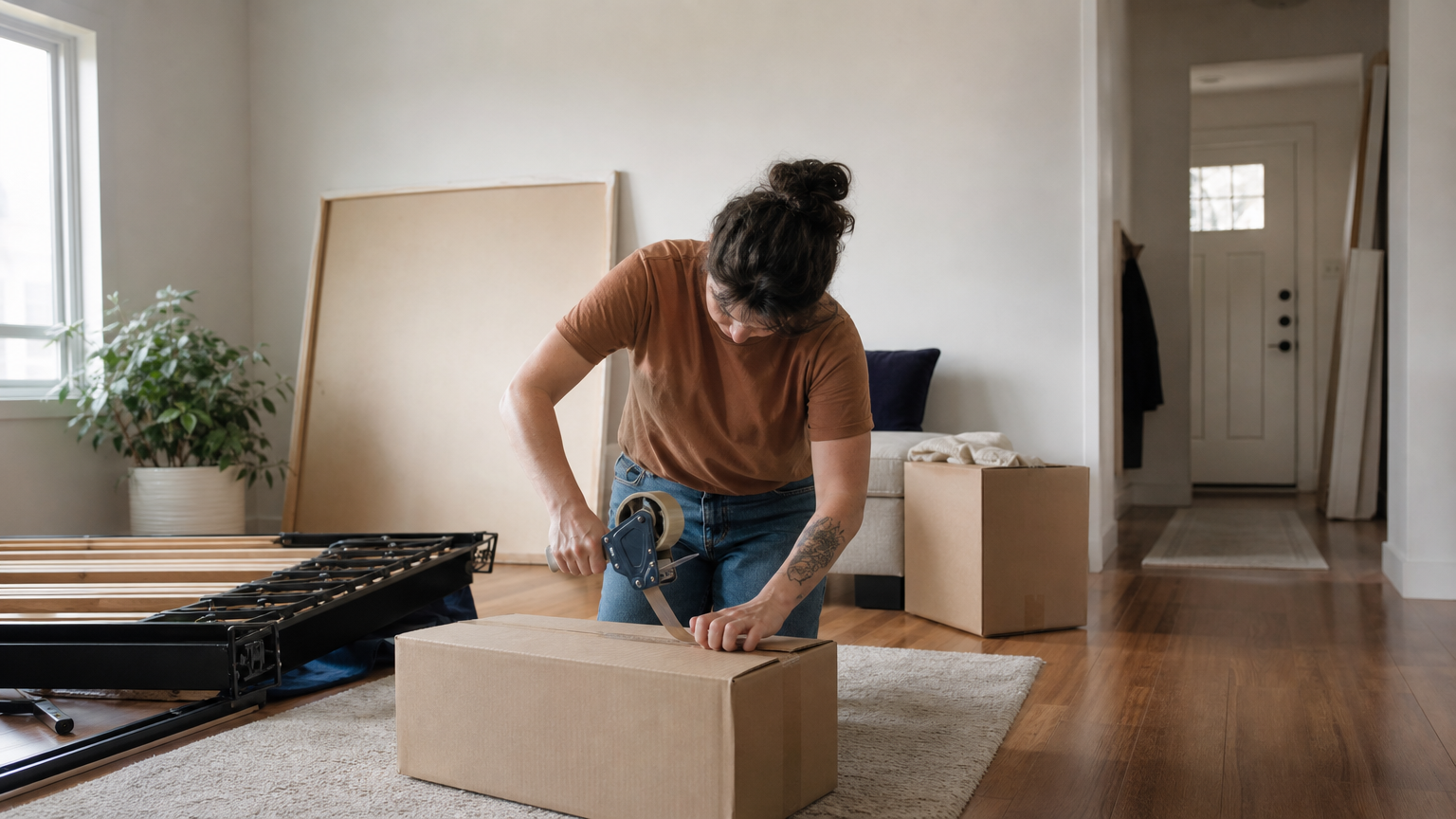 Cheapest Interstate Removalists: How to Find and Compare Them 4 A person dismantling furniture and packing boxes in a partly packed living room.