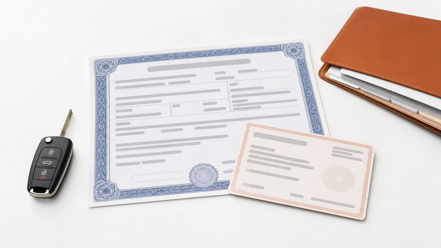 A California car title, registration card, key, and paperwork folder arranged on a table.