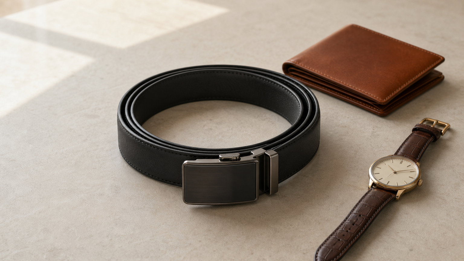Une ceinture en cuir avec boucle automatique posée près d'un portefeuille assorti et d'une montre.
