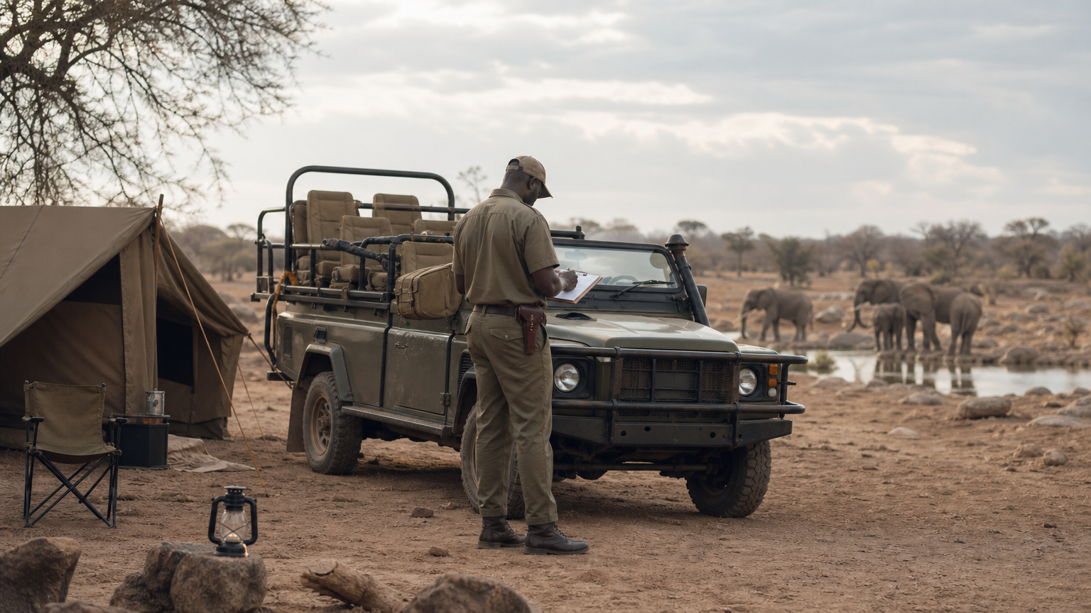 A safari vehicle and campsite with a ranger checking paperwork and elephants near a waterhole in the distance.