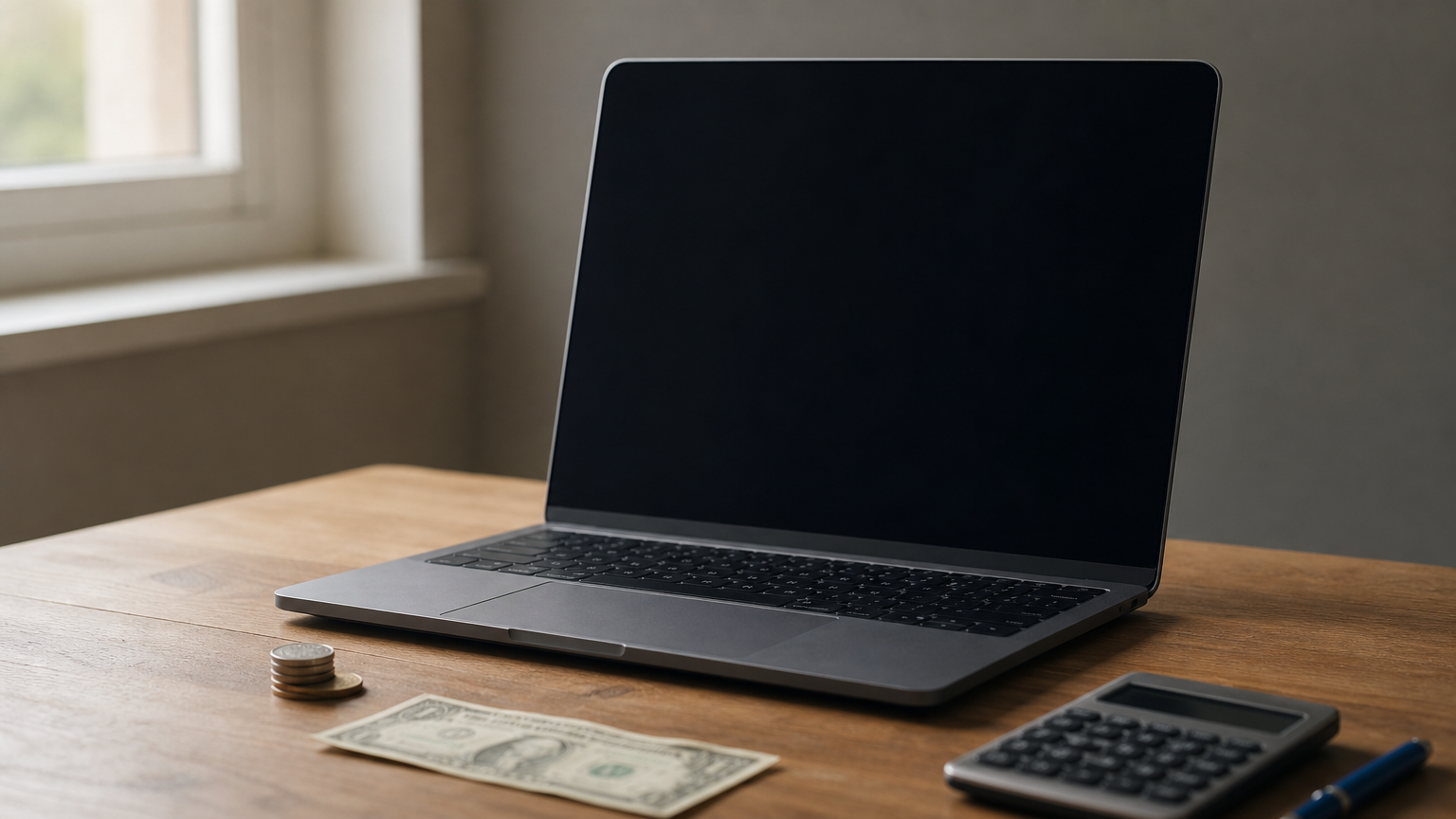 A small pile of coins sits beside a computer screen showing an oversized trading position.