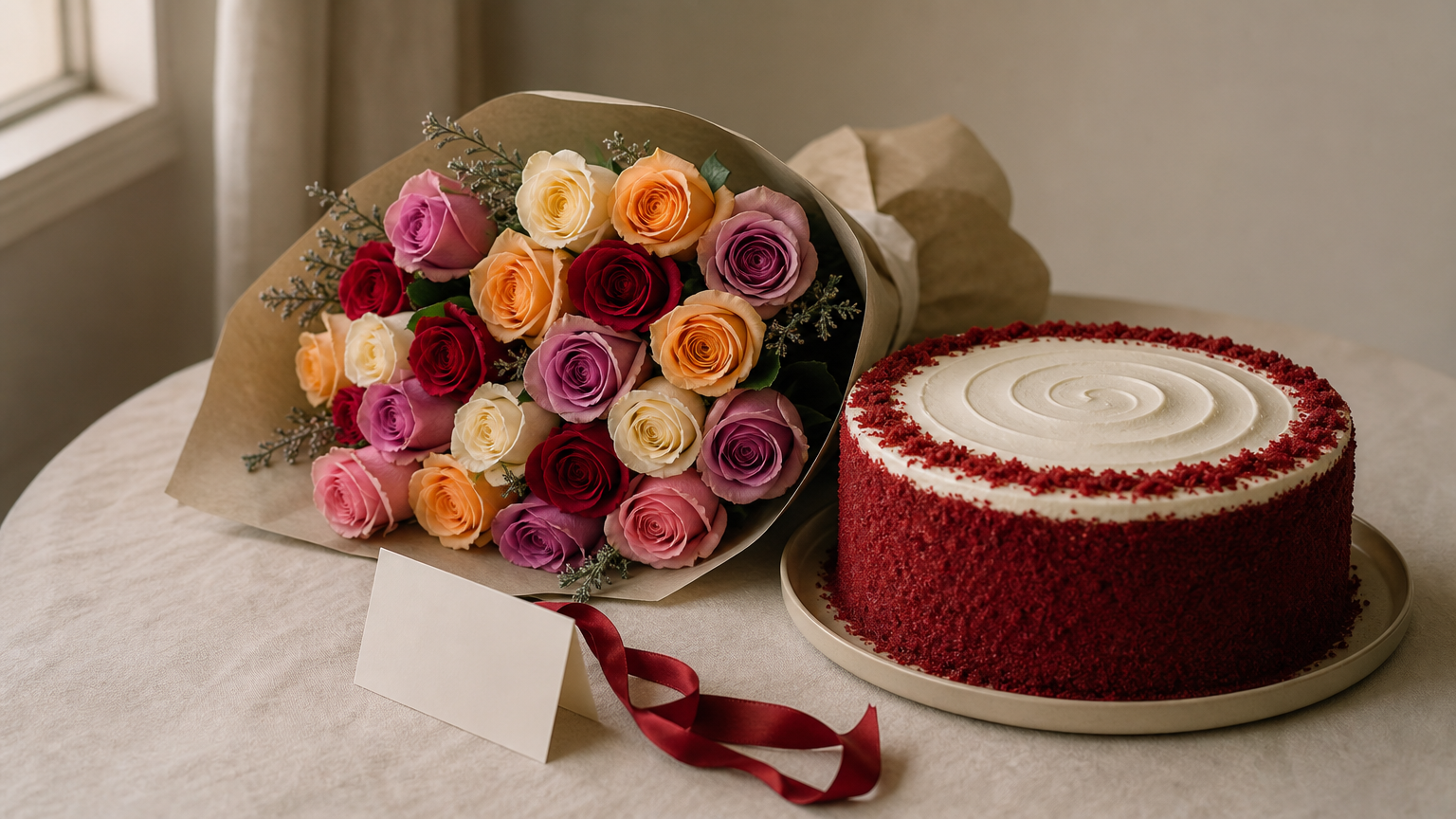 A large mixed rose bouquet displayed beside a red velvet birthday cake.