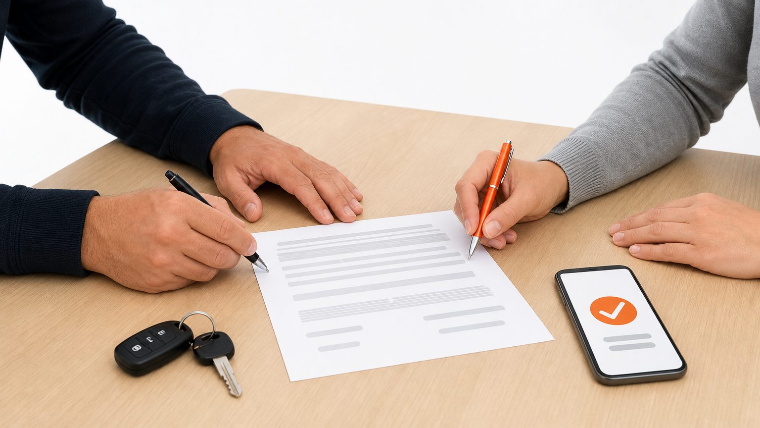 Seller and buyer signing a car title at a table with keys and a phone displaying a payment confirmation.
