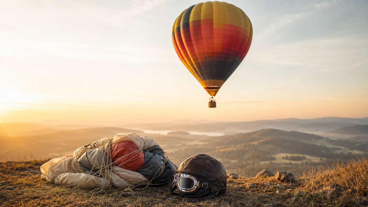 Une montgolfière survole une vallée au lever du soleil avec un parachute au sol.