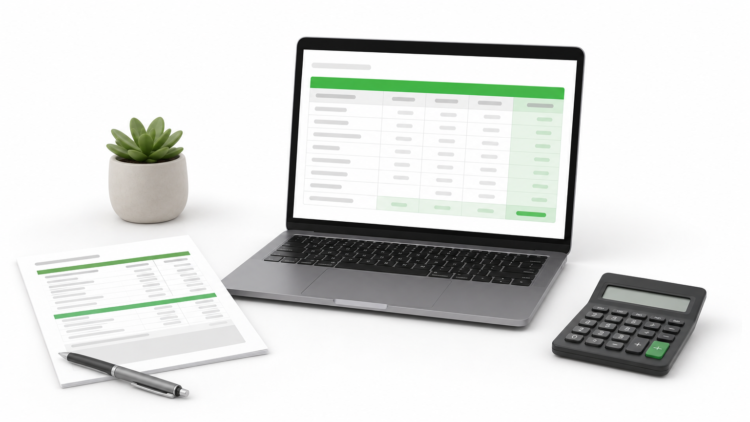 A laptop and printed documents show a budget spreadsheet and calculator for app cost planning.
