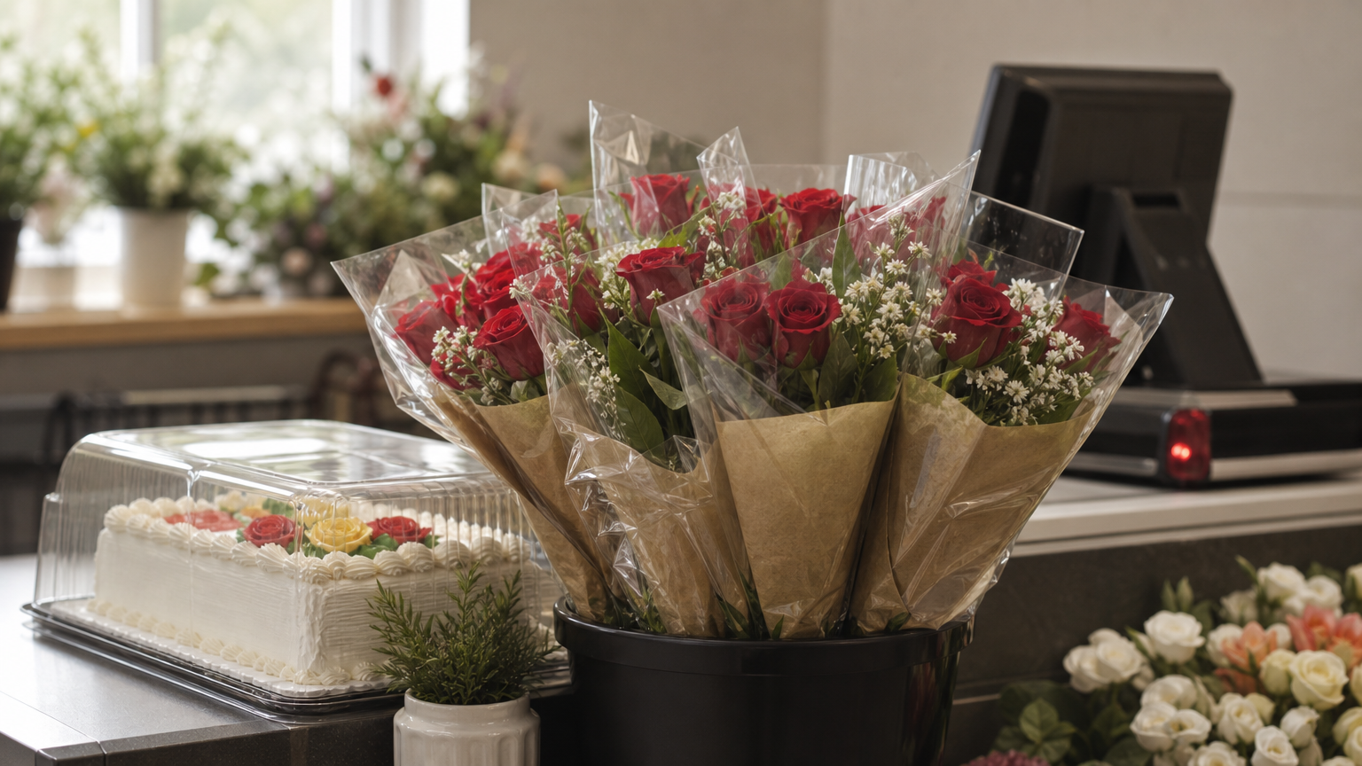 A supermarket aisle showing wrapped bouquets displayed next to bakery cakes.
