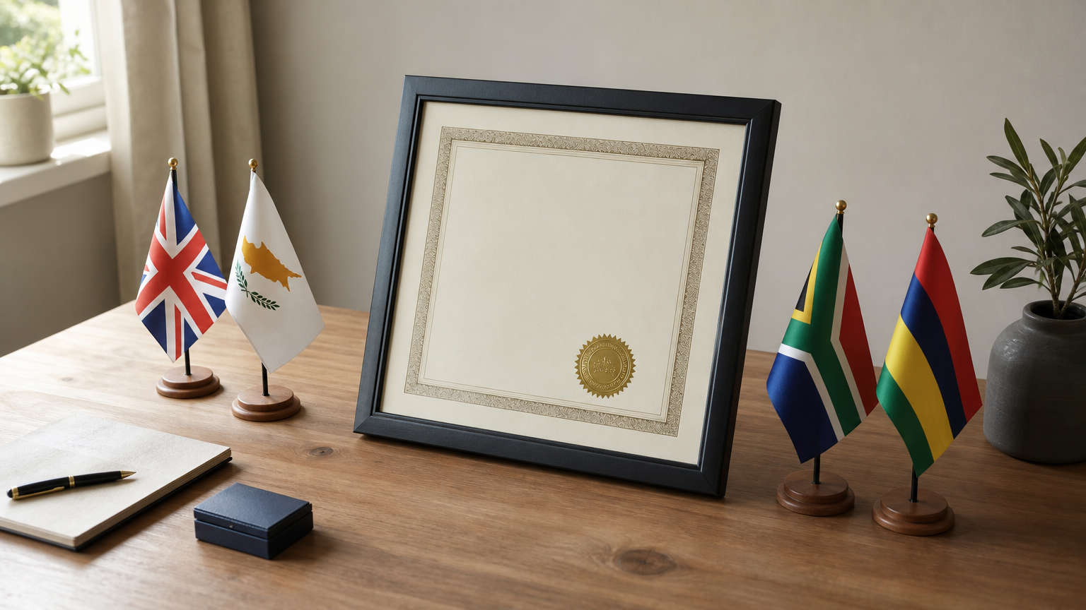 Four small national flags surround a framed regulatory license certificate on a desk.