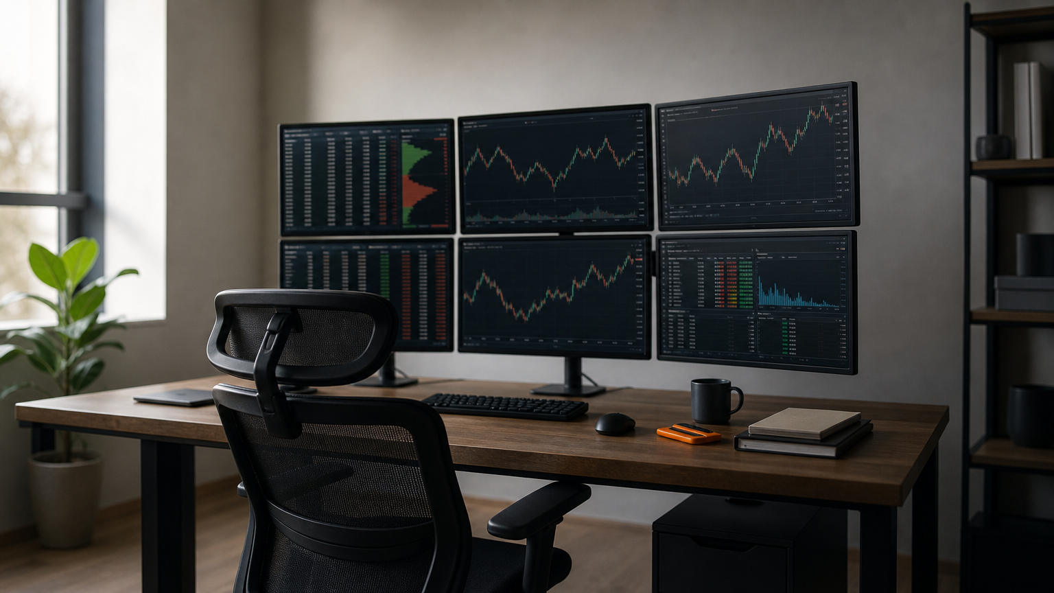 A multi-monitor trading desk showing charts, order books, and risk analytics.