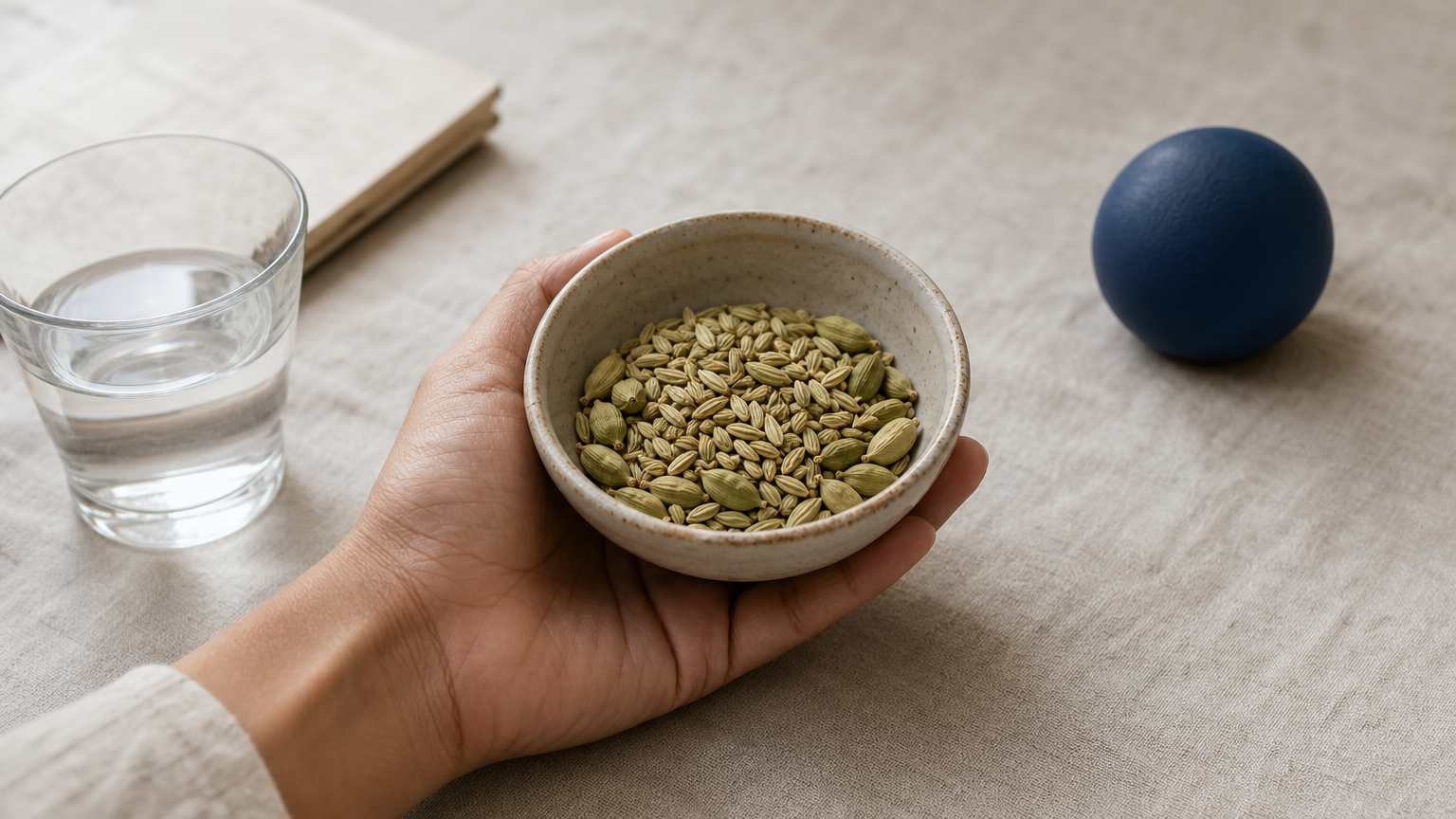 Bowl of fennel seeds and cardamom next to a glass of water and a stress ball on a table.