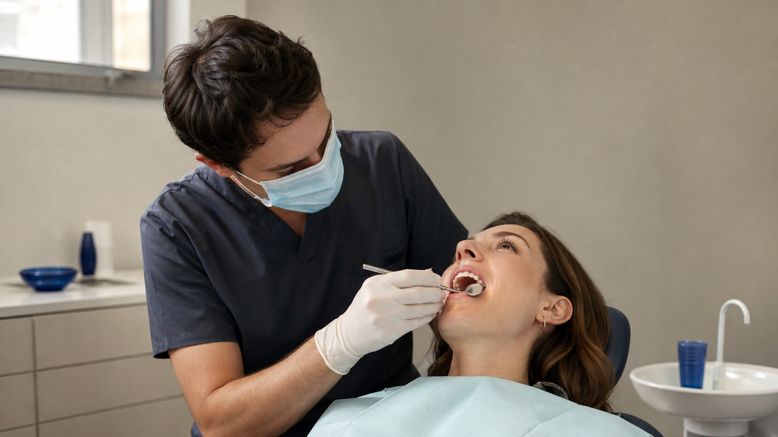 Dentist examining a patient's mouth using a small mirror during a checkup.
