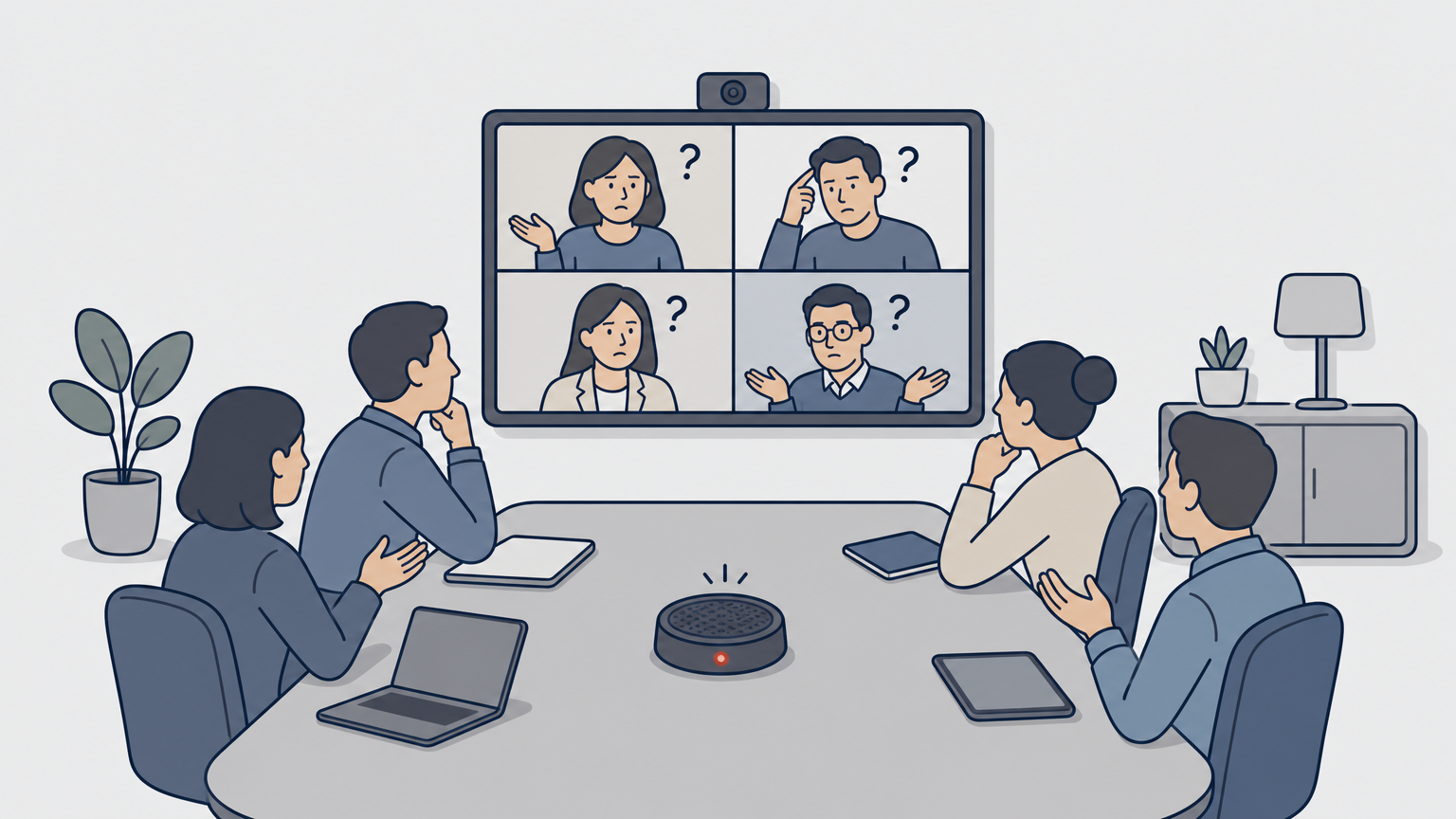 A conference room video call showing a malfunctioning microphone and confused remote participants on screen.
