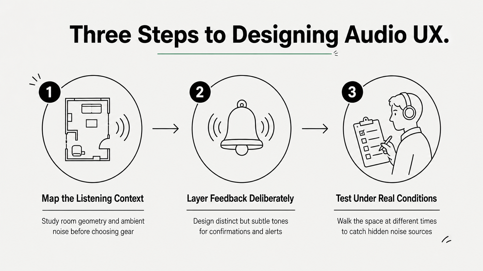 A three-step infographic showing how to design audio user experience: map context, layer feedback, and test under real conditions.