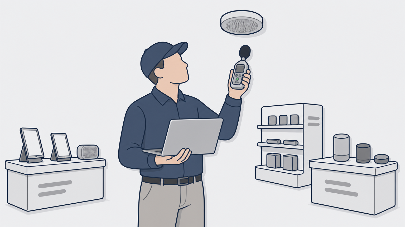A technician using a sound meter to check a ceiling speaker in a retail store aisle lined with kiosks.