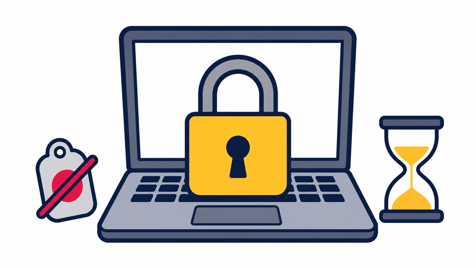 A padlock on an open laptop beside a crossed-out key tag and small hourglass.