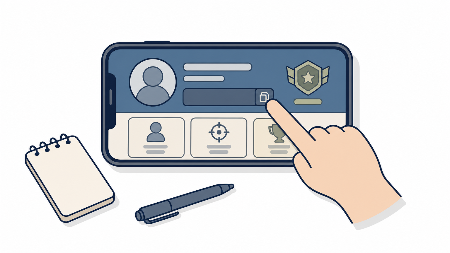 A hand tapping the copy icon next to a player ID on a phone profile screen.