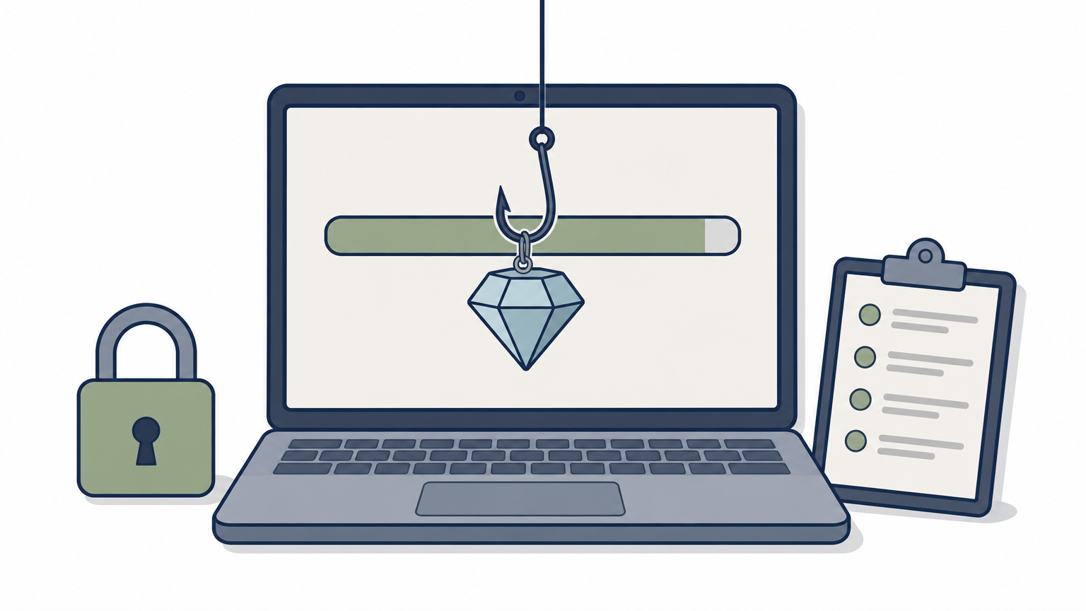 A laptop with a fake progress bar and a hook baited with a diamond beside a padlock.