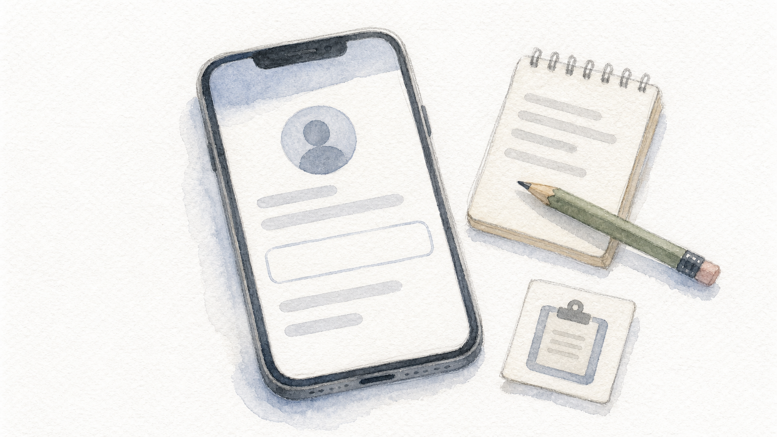Smartphone with a profile screen next to a notepad and pencil for saving a user ID.