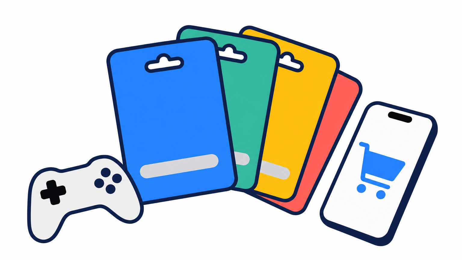 Desk with fanned gift cards, a game controller and a phone showing a shopping cart.