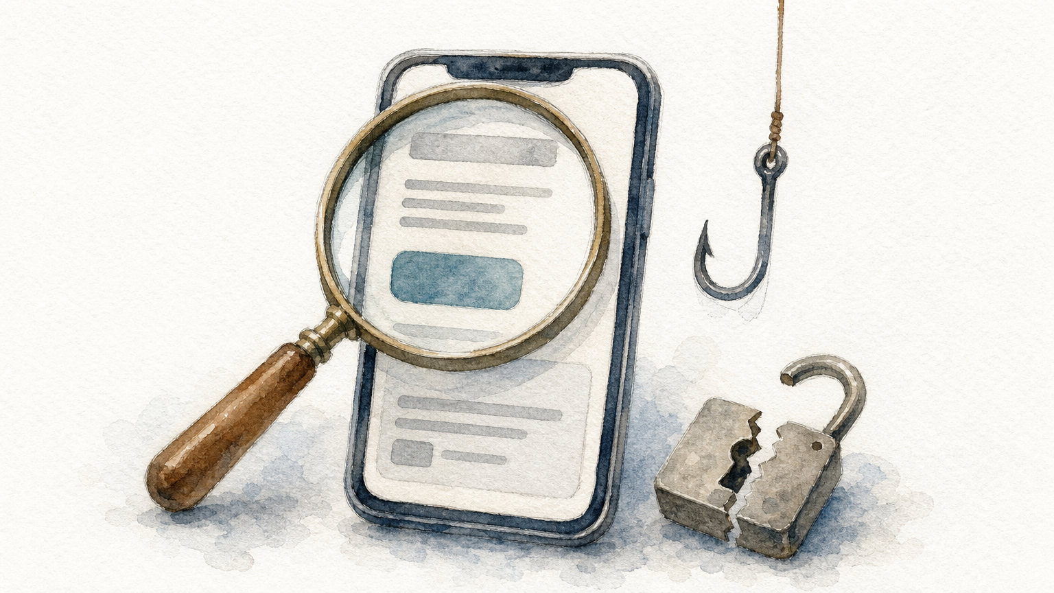 A magnifying glass over a phone with a fishing hook and broken padlock, suggesting a scam site.