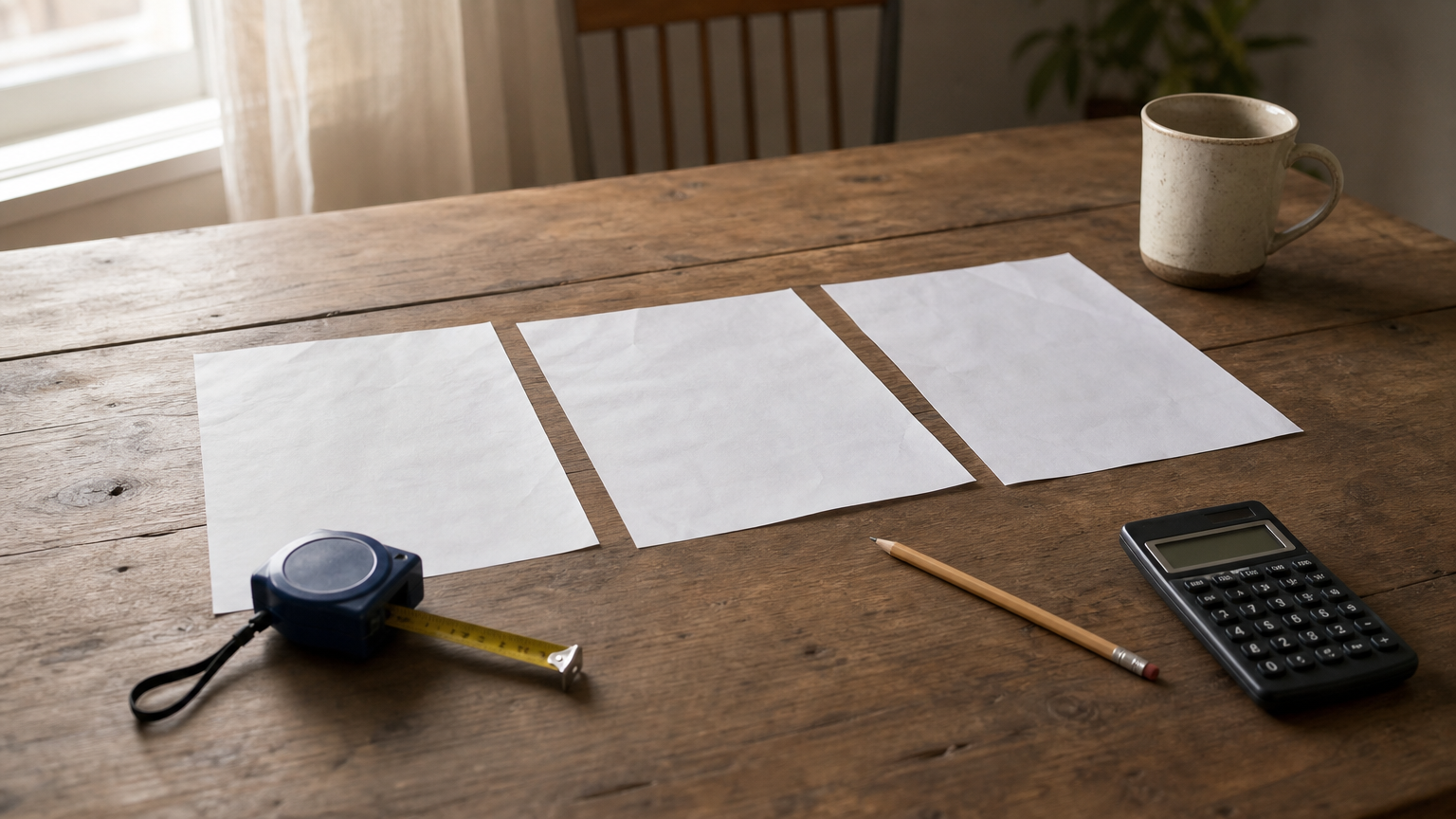 Three paper quotes on a table beside a tape measure, pencil, and calculator.