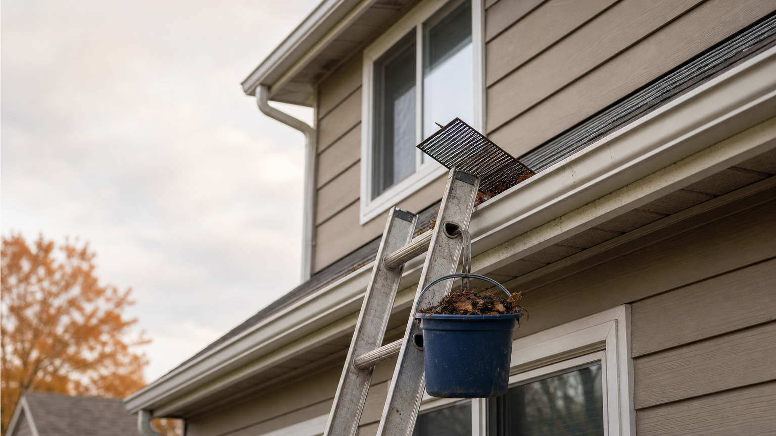 Extension ladder leaning on a two-story house gutter with a bucket of wet leaves and a lifted guard.