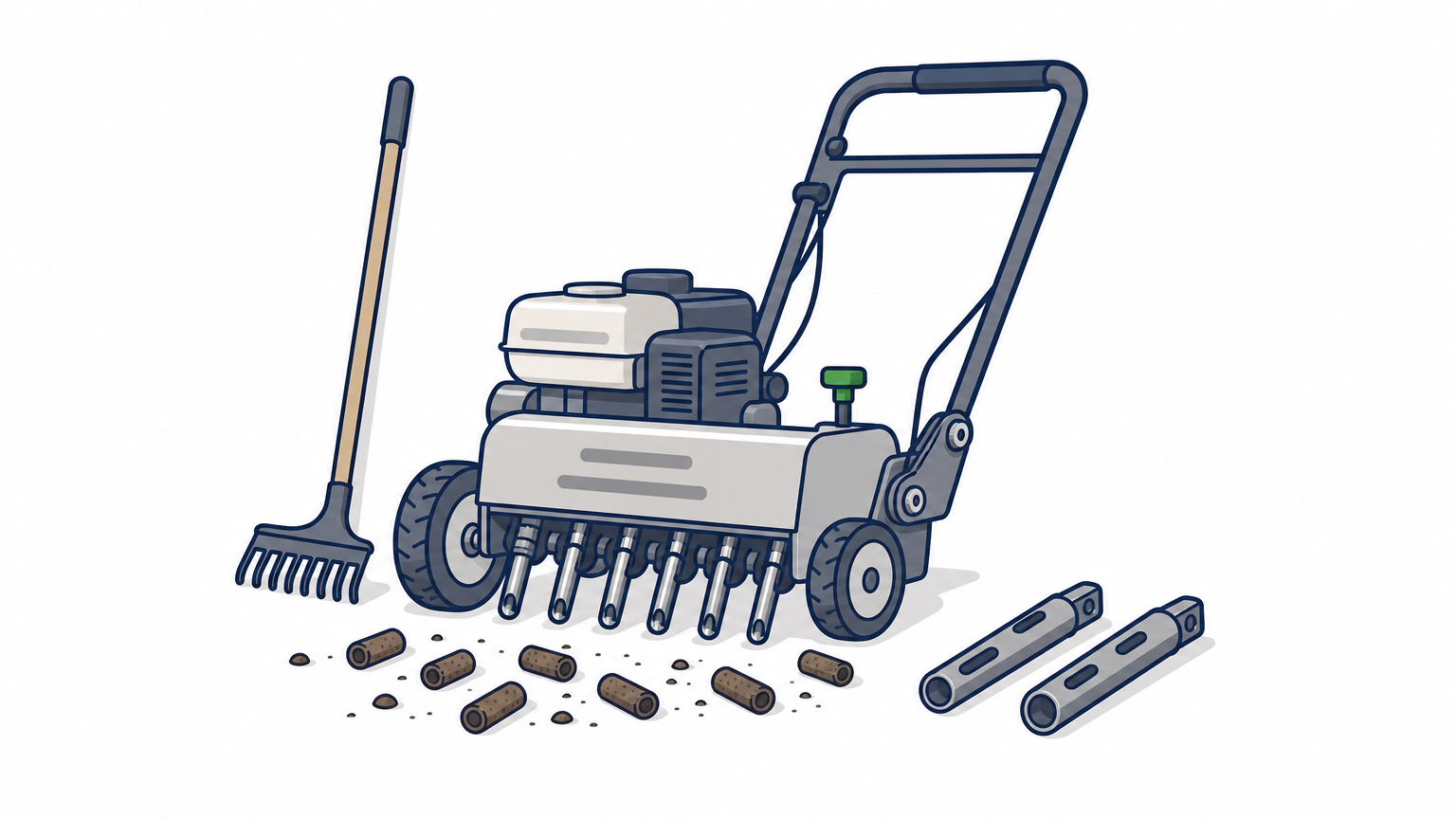 A core aerator sitting on a lawn surrounded by pulled soil plugs, with hollow tines and a rake nearby.