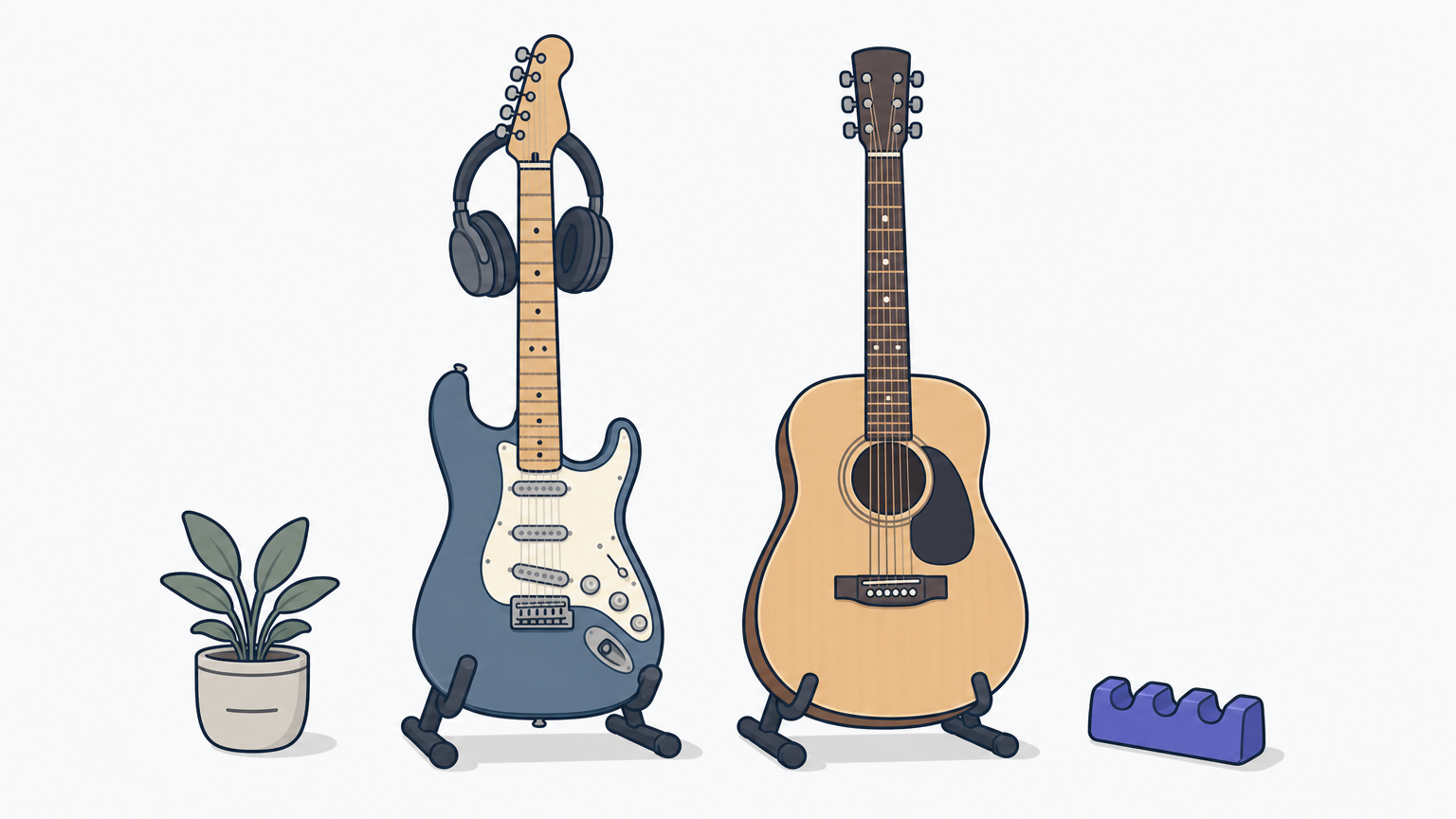 Electric and acoustic guitars on stands with headphones and a foam dampener beside them.