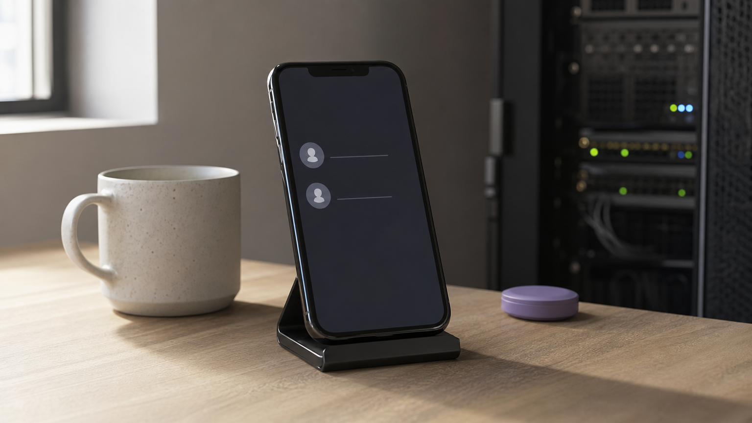A phone on a desk displaying a short contact list, with a server rack behind it.