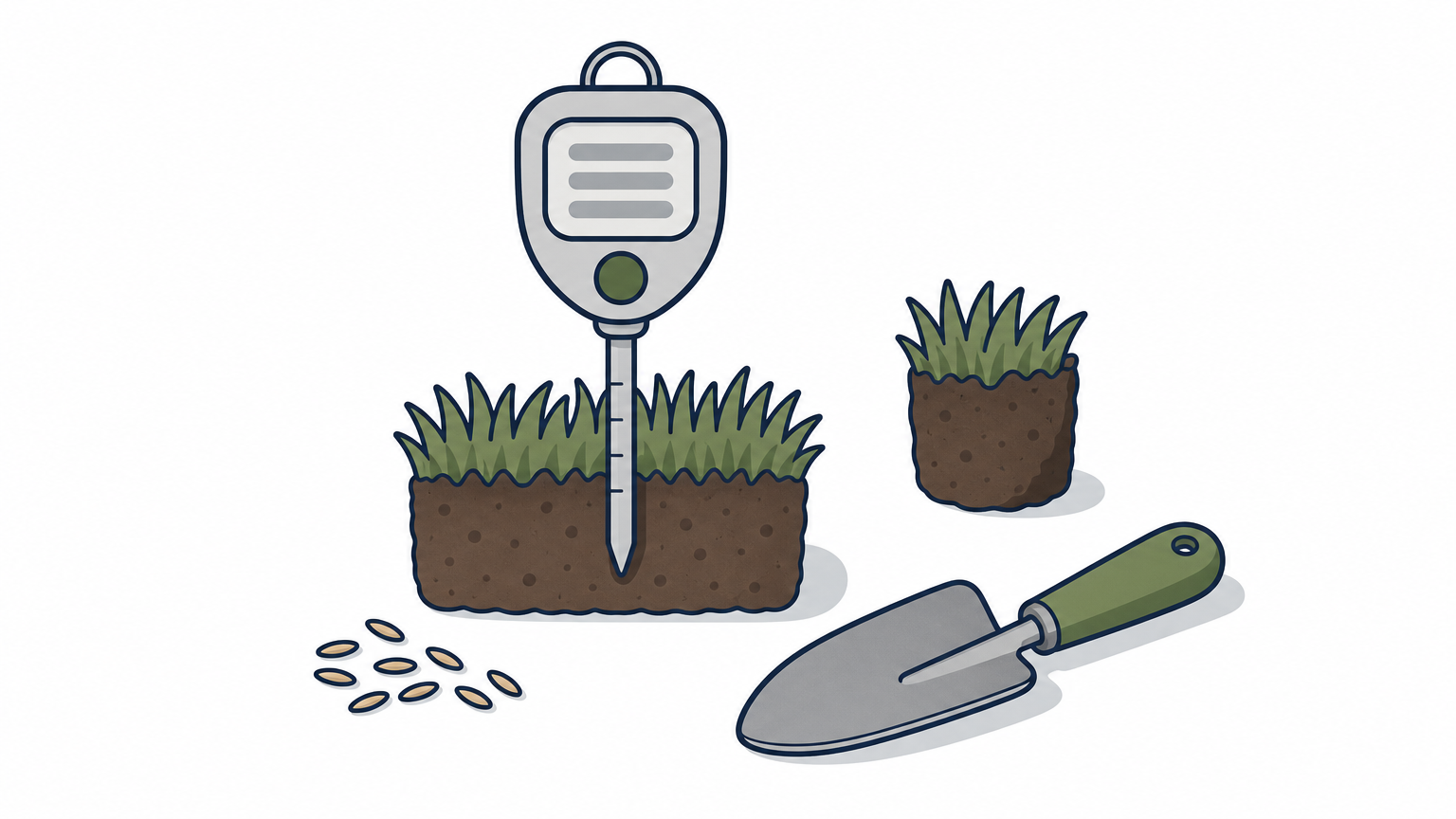 A soil thermometer inserted into grass next to a soil plug, seeds, and a trowel.