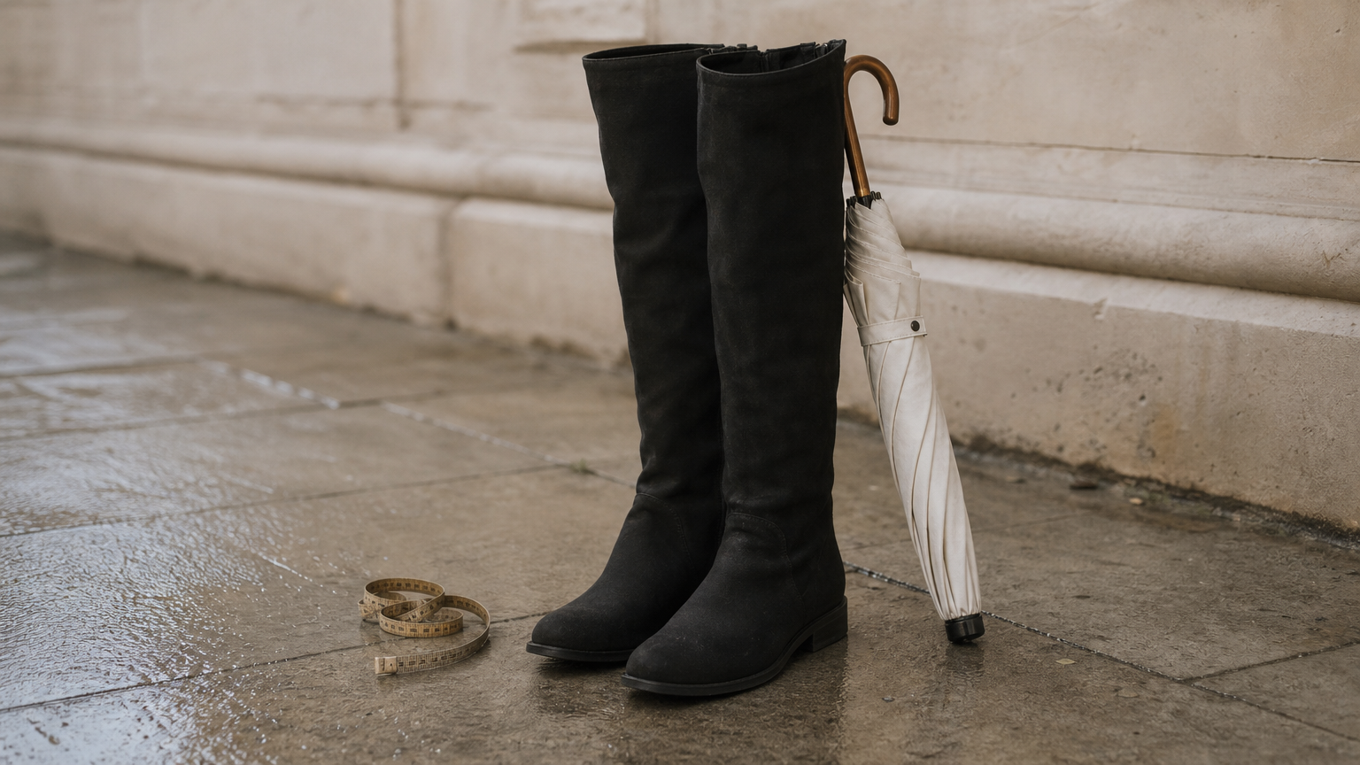 Flat black over the knee boots on a wet sidewalk with a tape measure and umbrella.