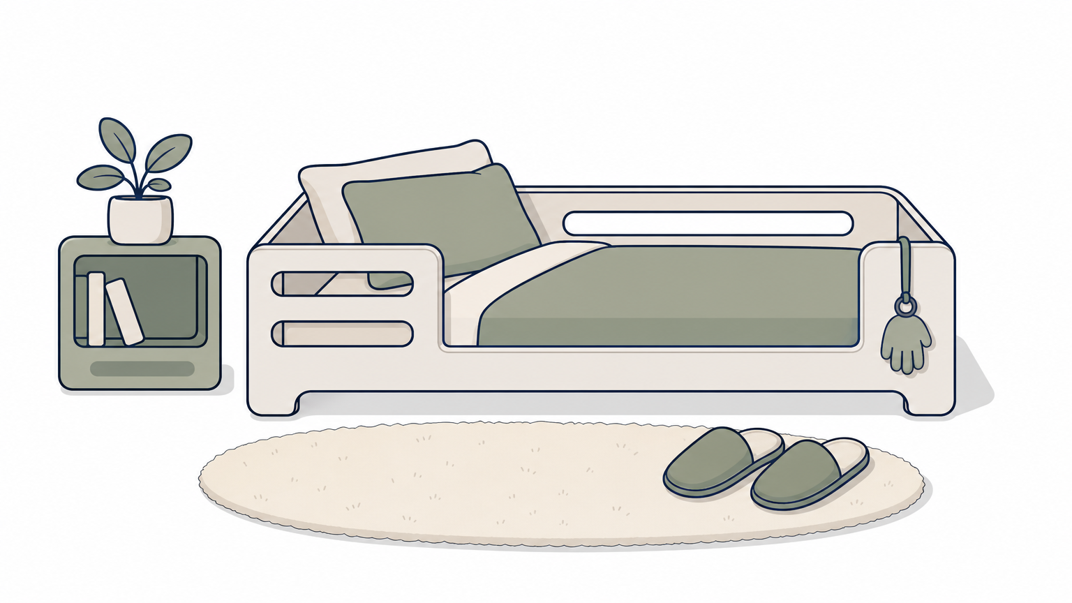 A hi-low bed lowered near the floor with slippers on a rug and a hand pendant on the rail.