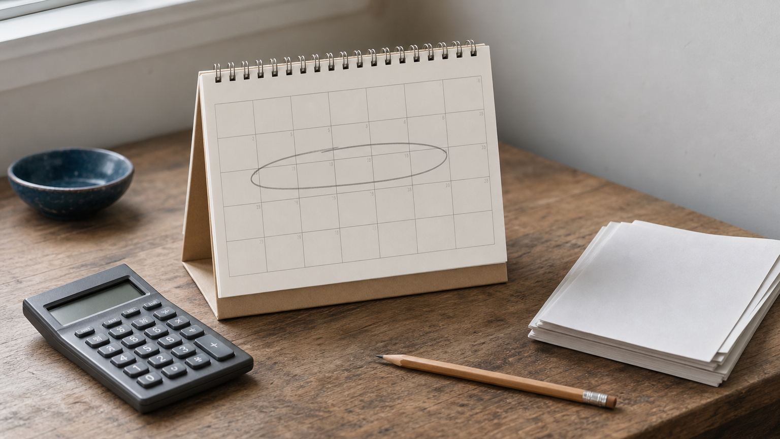 A calculator beside a calendar with a circled week and printed price quotes on a desk.