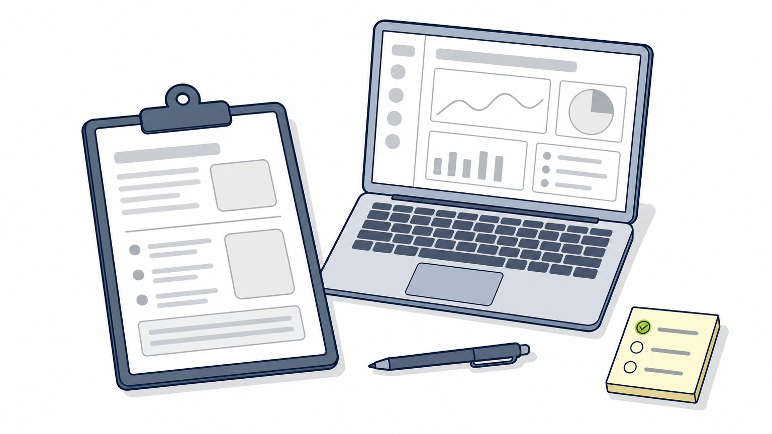 Clipboard with a one-page role brief next to a laptop showing a dashboard wireframe.
