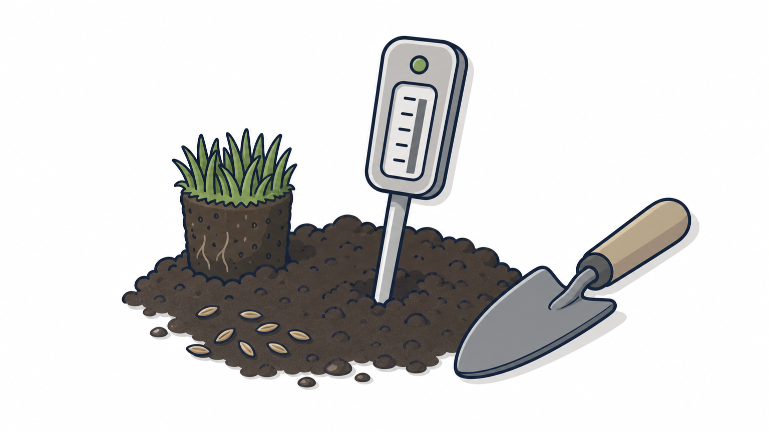 A soil thermometer inserted into the ground of a lawn next to a trowel and scattered grass seed.