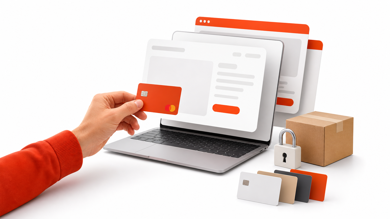 Hand holding a credit card over a laptop next to a shipping box and a padlock.