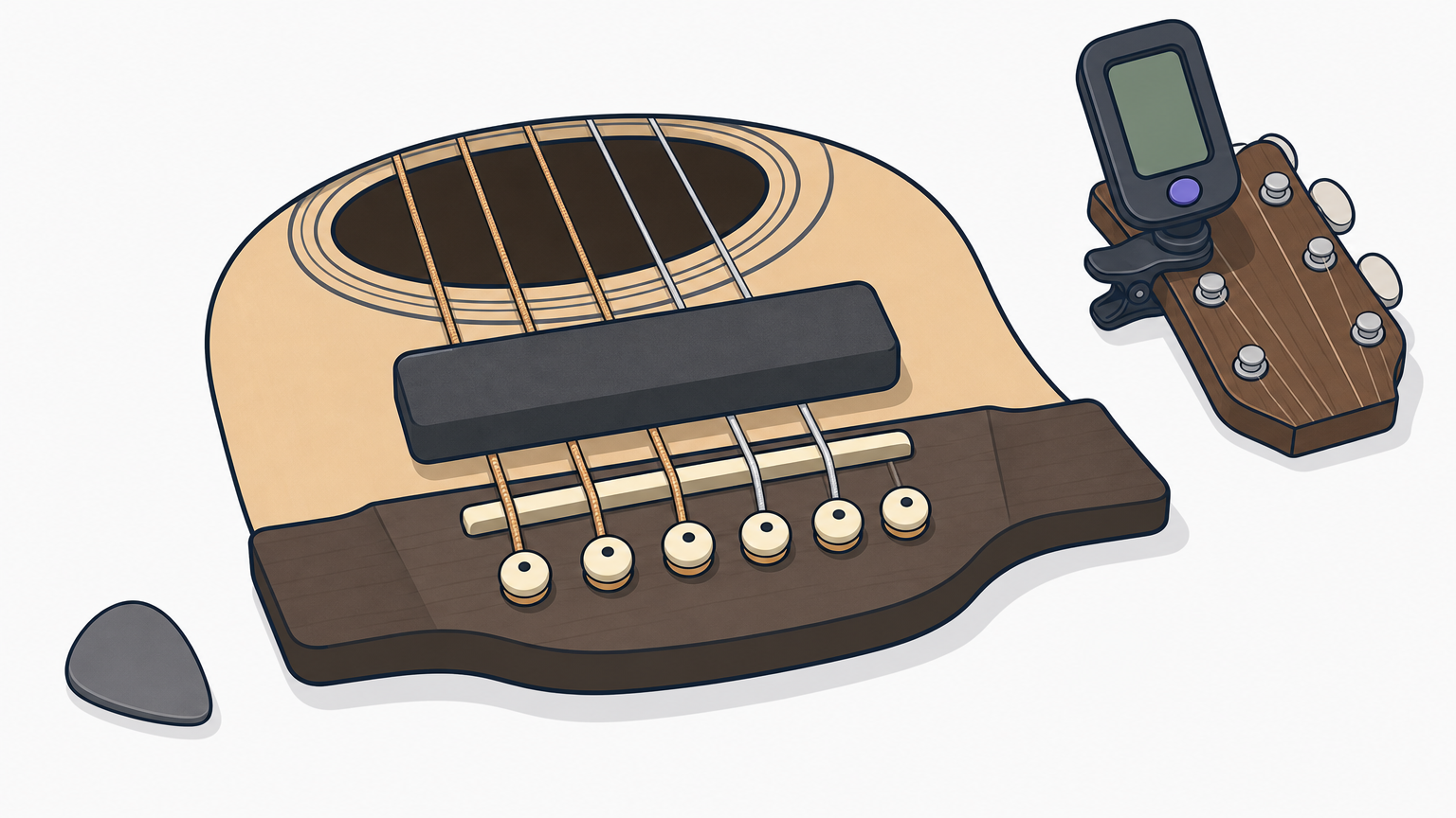 Acoustic guitar bridge with a foam pad pressed against the strings and a tuner on the headstock.