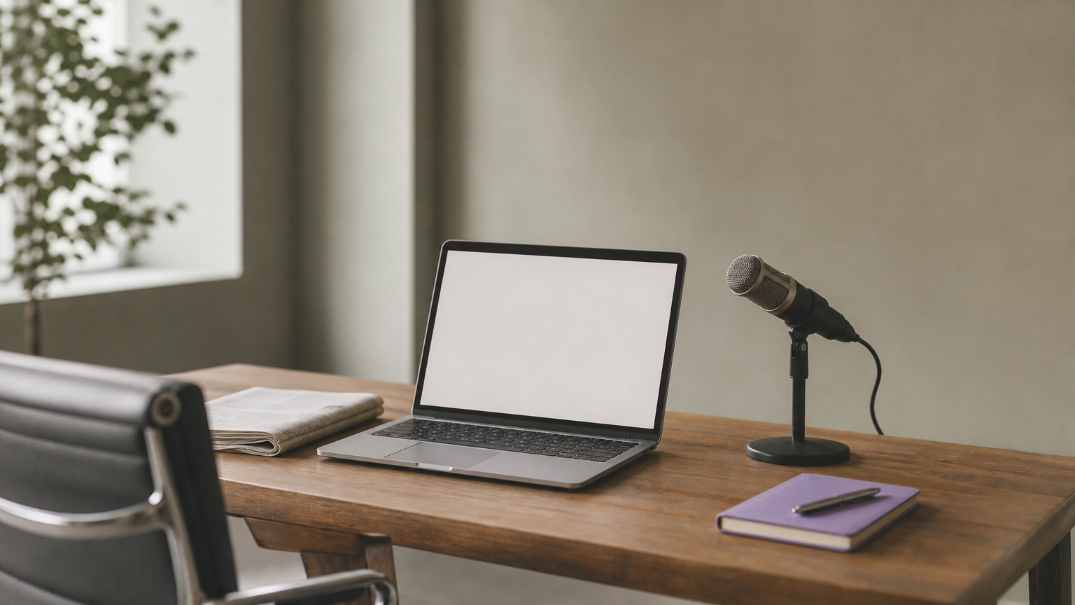 A professional at a desk with a laptop, newspaper, and microphone representing media and leadership visibility.