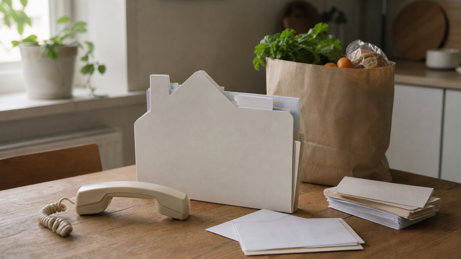 Kitchen table with a phone, home folder, utility bill, grocery bag, and legal papers.