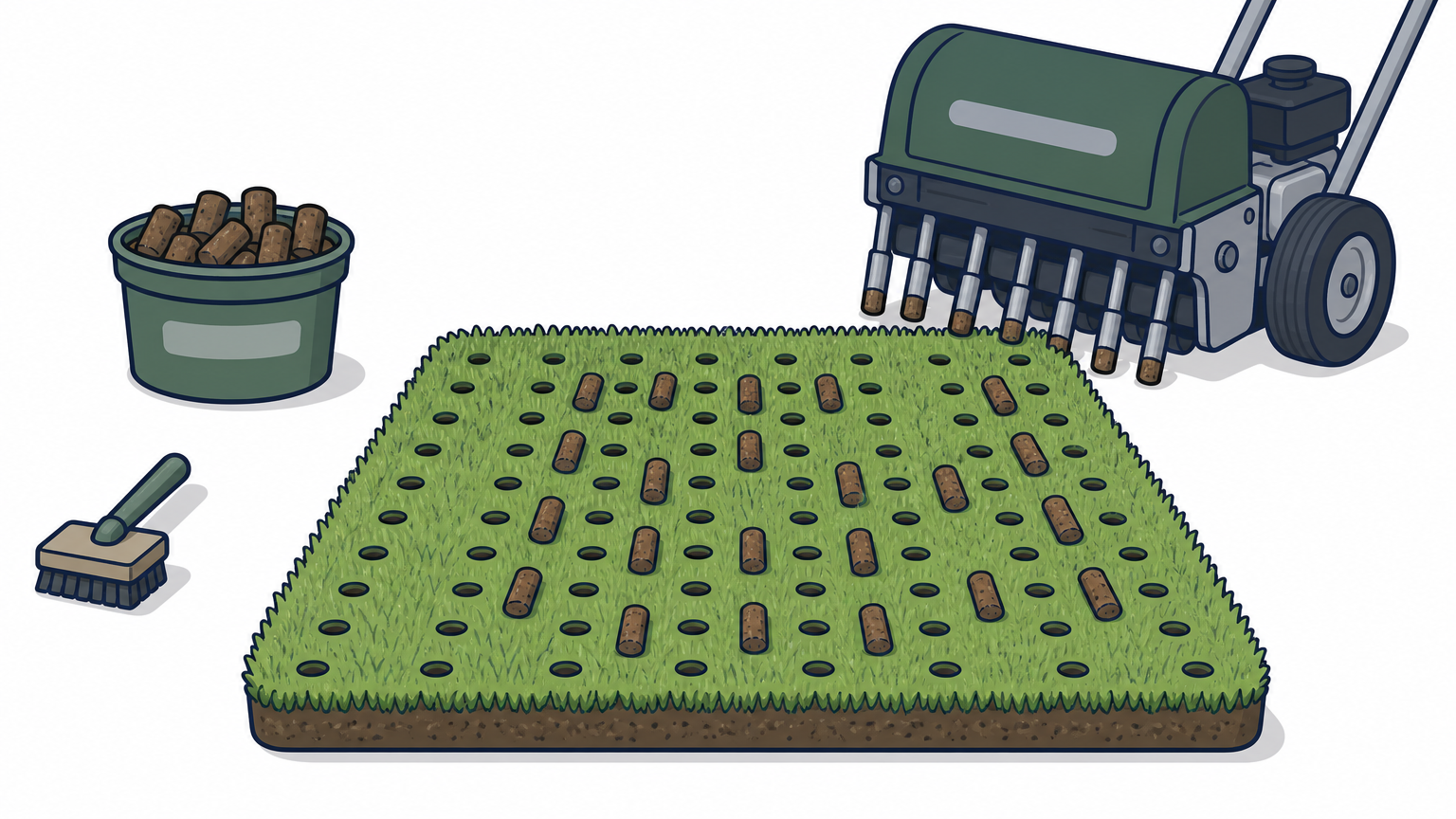 Green Bermuda lawn with rows of aeration holes and soil plugs beside a core aerator.