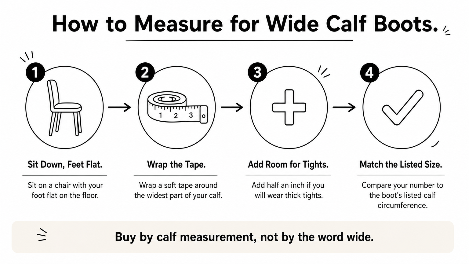 Four-step diagram showing how to measure your calf for wide calf over the knee boots.